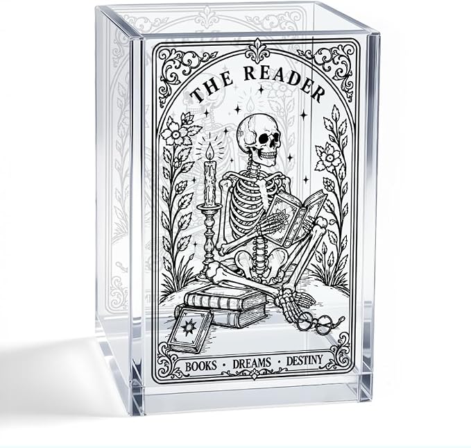 The Reader Books Dreams Destiny Acrylic Pen Holder, Gothic Skeleton Book Desk Pencil Cup Organizer, Bookworm Office Decor Accessory, Halloween Book Lover Gifts for Women Librarian Reader