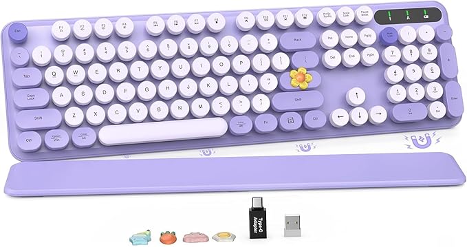 Wireless Keyboard, Round Keycaps, Retro Typewriter Keyboard with Detachable Wrist Rest, Sleep Mode, Foldable Legs, 2.4GHz Full-Size Cordless Computer Keyboard for Windows/PC/Laptop (Colorful-Purple)
