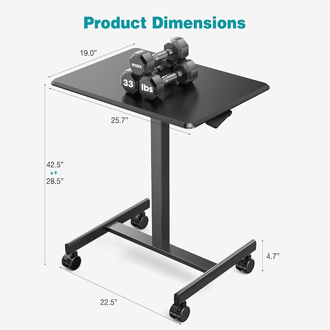 DUMOS Small Rolling Desk Mobile Standing Portable Laptop PC Table with Wheels Adjustable Height Computer Workstation for Home Office, Compact Small Space, Easy Assembly, Modern Black