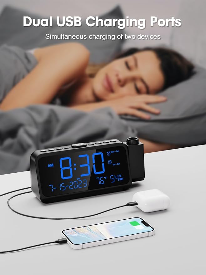 ROCAM Projection Alarm Clock with 180° Ceiling Projector & Digital Display | 5-Level Dimmer, Dual Alarms, Night Light, Temp & Humidity Display, Weekday/Weekend Mode, DST, Snooze Function for bedroom