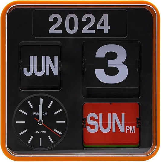 Retro Modern 9.45 Inches Calendar Day Date Flip Desk Wall Clock (Orange Frame)(No Battery Included)
