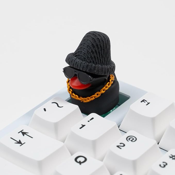 1U Handmade Resin Black Rap Duck Keycap - Cute Duck with Sunglasses Gold Necklace Knitted Hat, Compatible with MX Switch Mechanical Keyboards