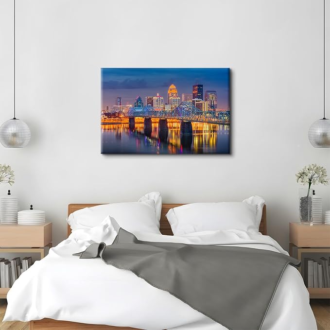 Large USA Downtown Colorful Night Cityscape Canvas Wall Art Louisville Kentucky Build Scenery Pictures Wall Decor Bathroom Modern Bridge Landscape Poster Prints Painting Artwork Home Decoration 32x48"
