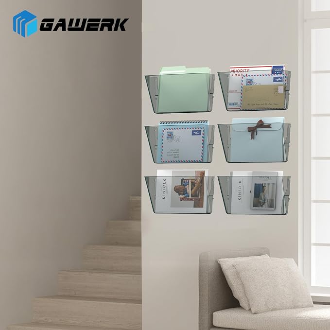 Gawerk Clear Acrylic Single Pocket, Plastic Hanging Wall Mount File Holder for Office Home (Gray, 6 Pack)
