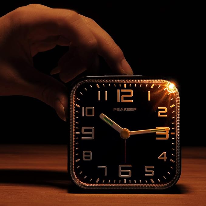Peakeep 3D Numbers No Tick-Tock Analog Alarm Clock Classic Beep Sound | Snooze, Manual Light and Battery Powered Small for Travel (Black-3D)