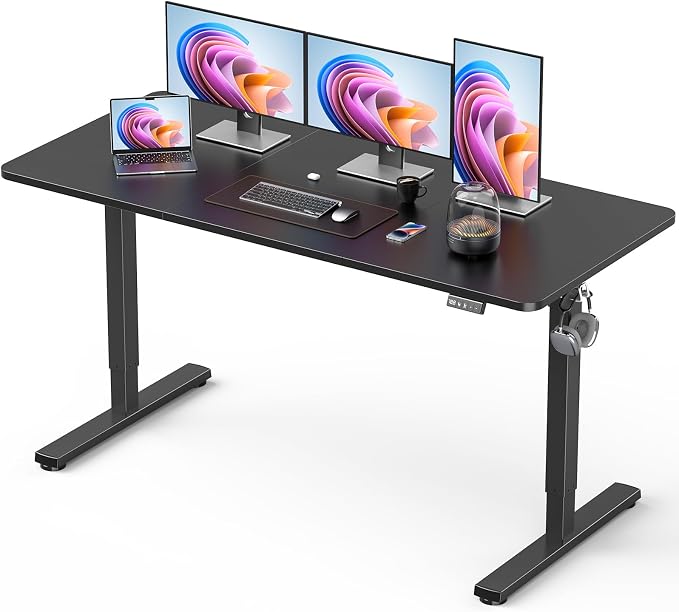 55" Electric Standing Desk Adjustable Height, Sit Stand up Desk for Home Office & Computer Workstation, 2 Memory Height Settings, Splice Board, 2 Hooks, Black Frame/Black Top