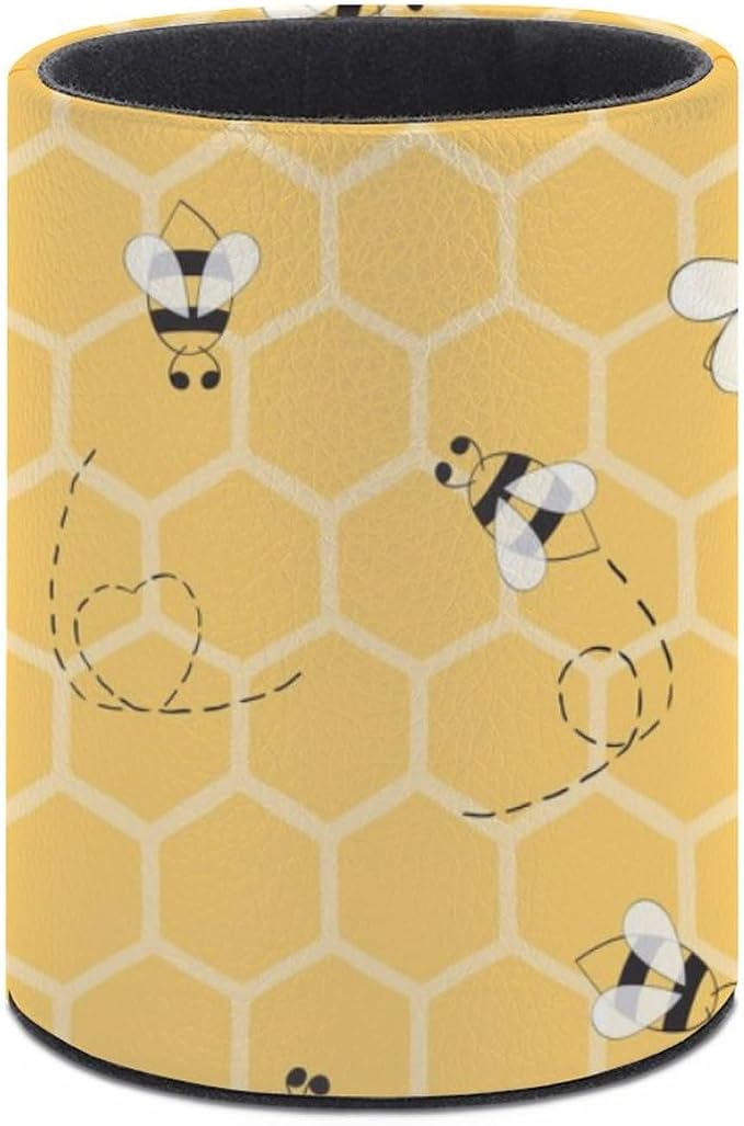 Bee Pen Holder for Desk PU Pencil Cup Organizer | Round Desks Makeup Brush Holder for School Multifunctional Office Supplies