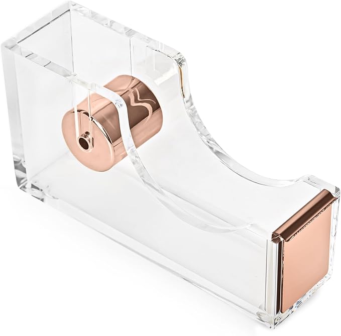 Rose Gold Clear Acrylic Tape Dispenser, Heavy Duty Non-Slip Desk Tape Dispenser with Serrated Stainless Steel Blade, Single Hand Dispensing Tape Holder for Office Home School Gift Wrapping