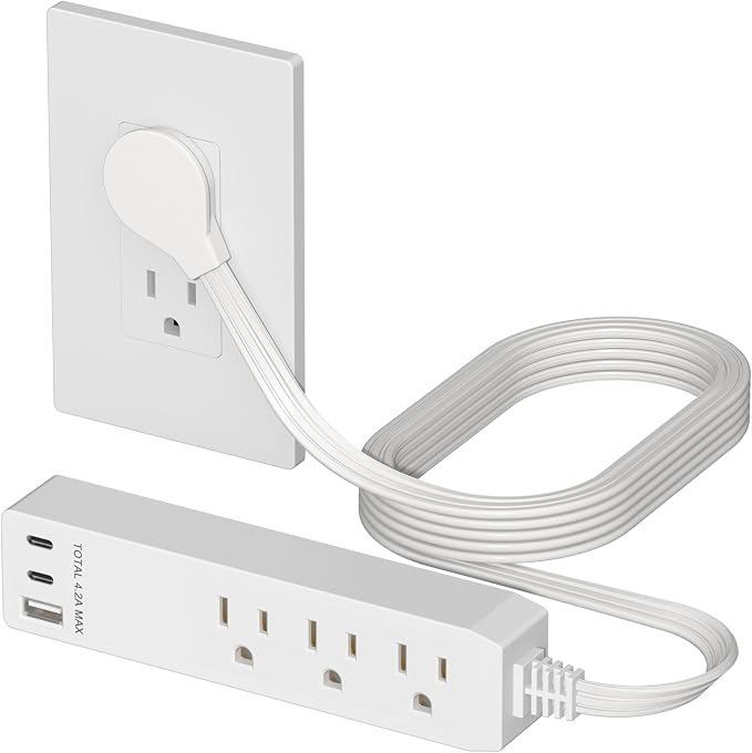 LIDER Outlet Extender with 3 Receptacles, USB-A & 2 USB-C Ports, Ultra-Thin Flat-Plug with Cord Extender, 3-Outlet Power Strip, Slim Angled Design, 5ft Cord, 1250W, ETL Listed, Matte White