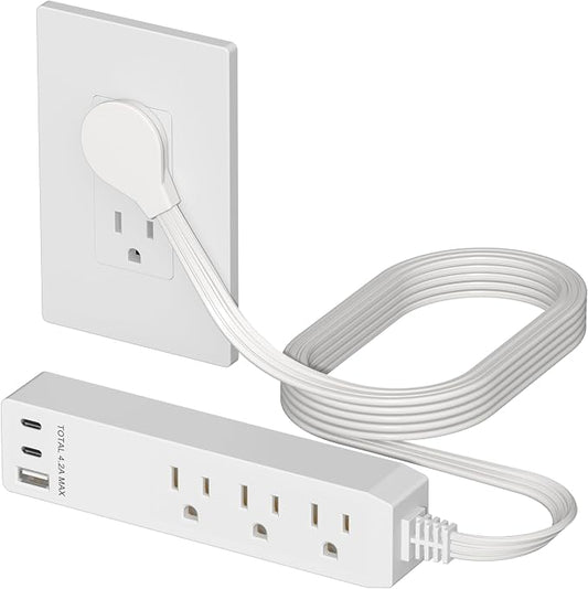LIDER Outlet Extender with 3 Receptacles, USB-A & 2 USB-C Ports, Ultra-Thin Flat-Plug with Cord Extender, 3-Outlet Power Strip, Slim Angled Design, 5ft Cord, 1250W, ETL Listed, Matte White