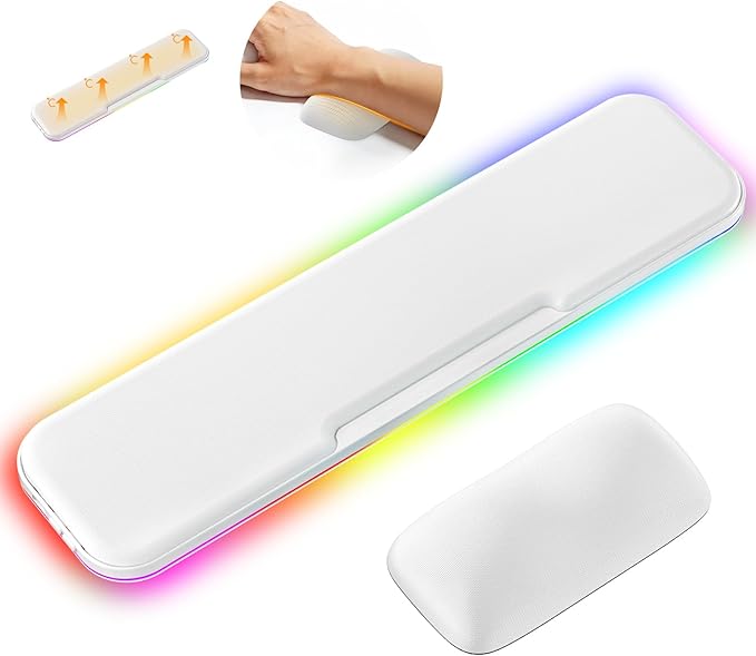2-in-1 Heated Wrist Rest Set, Ergonomic Memory Wrist Pad with RGB Lights and Non-Slip Base, Keyboard Mouse Wrist Rest for Computer Laptop Office Work and PC Gaming
