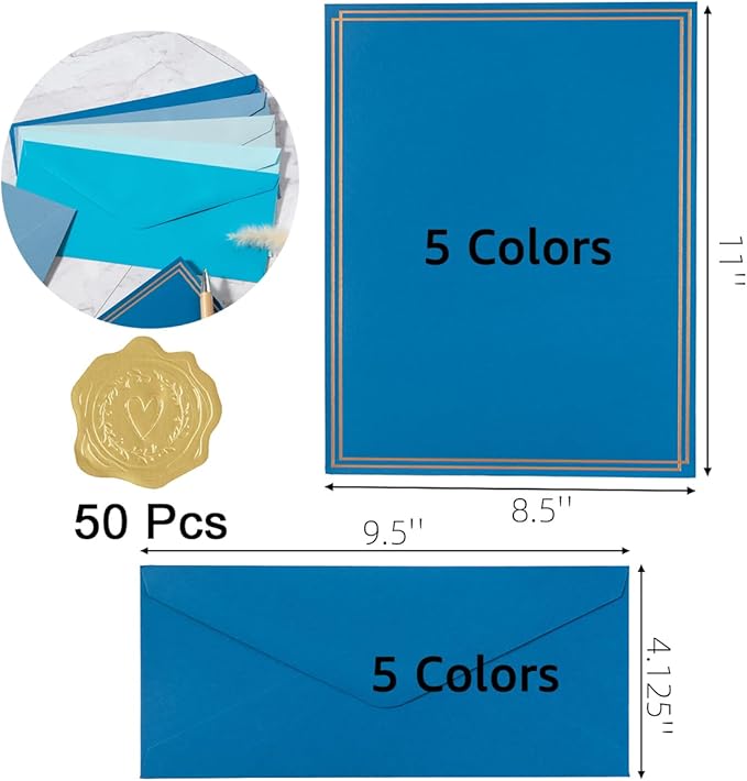 50 Pack Colored Stationery Set, 5 Colors #10 Business Envelopes, 50 Sheets 8.5x11 Paper Sheet and Gold Stickers for Office, Letters, Invitations (Blue)