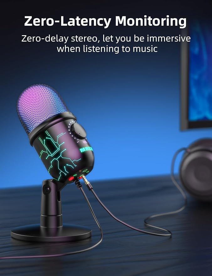 MRSDY USB Gaming Microphone for PC with Noise Reduction, Mute, Gain, RGB | Condenser Mic, Headphone Jack, Suitable for PC, Computer, PS4, PS5, Mac, Streaming, Podcasting, Recording, YouTube, Discord