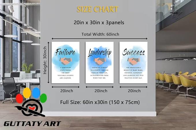 Inspirational Wall Art, Office Pictures for Wall Decor, Motivational Quotes Canvas Wall Art for Men, Failure - Leadership - Success Entrepreneur Quotes Framed Artwork for Workplace Decor 20”x30”x3Pcs