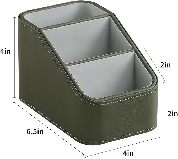 PU Leather Remote Control Holder, Small Desk Organizer Office Supply Bedside Caddy for Nightstand End Table Couch, Pen Remote Organizer with 3 Compartments (Green)