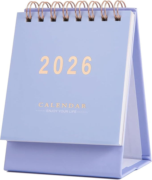 Mini Desk Calendar 2026-2027, Standing Flip Small Desk Calendar- Use Jan 2026 to Jun 2027 18 Monthly Desktop Calendar- Thick Paper Twin-Wire Binding for Home or Office (Purple)