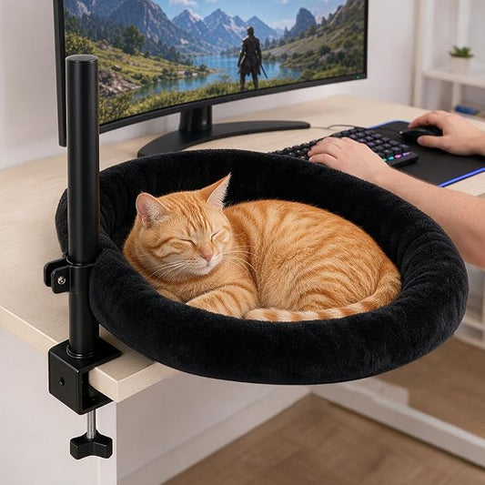 Cat Desk Bed|Foldable Clamp On Hammock for Gaming Desk|Supports Up to 45 lb | Height adjustable, 360° swivel, steel clamp, 45 lb capacity, reversible machine-washable cover; fits desks up to 3.8 in