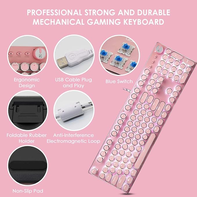 Pink Typewriter Keyboard and Mouse,Retro Vintage Mechanical Gaming Keyboard with White LED Backlit,104 Keys Anti-Ghosting Blue Switch Wired Cute Keyboard,Round Keycaps for Desktop PC/Laptop Mac