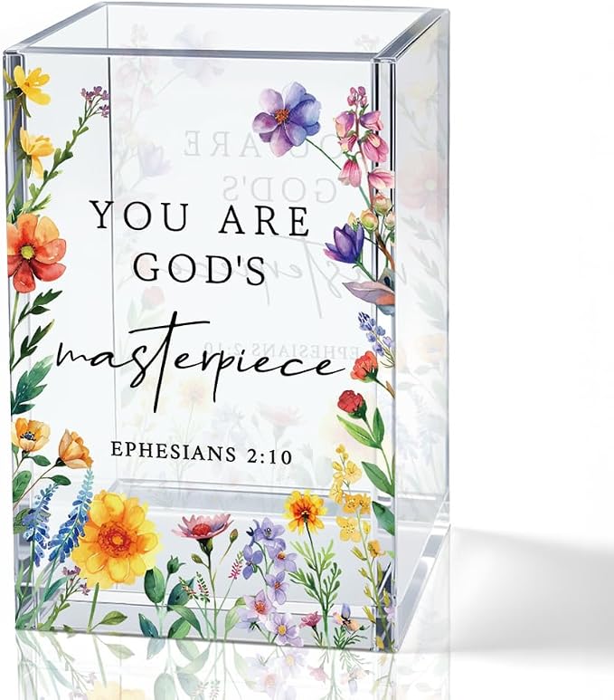 You Are God's Masterpiece Acrylic Pencil Holder Cup for Women Girls | Floral Christian Pen Holder Gifts for Desk, Christian Bible Verses Makeup Brush Organizer for Home Office Desk Accessories