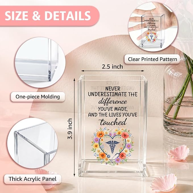 Never Underestimate The Difference Acrylic Pencil Holder Cup for RN | Appreciation Gifts for Doctors Nurses, Floral Bookmark Holder for National Doctors Day, Farewell Retirement Nurse Week Gifts