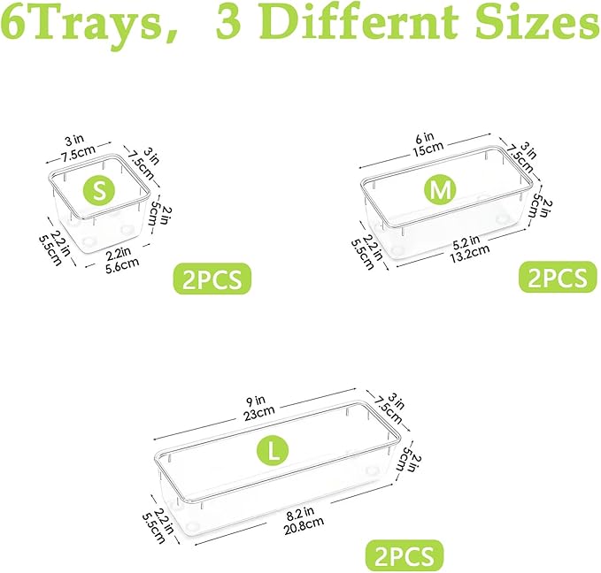 Clear Acrylic Drawer Organizer Trays, 5 Size Junk Box Organization Small Storage Container Bin for Desk Makeup Bathroom Vanity Kitchen Tool Make Up Workspace Home Dorm Apartment Office Room Nightstand