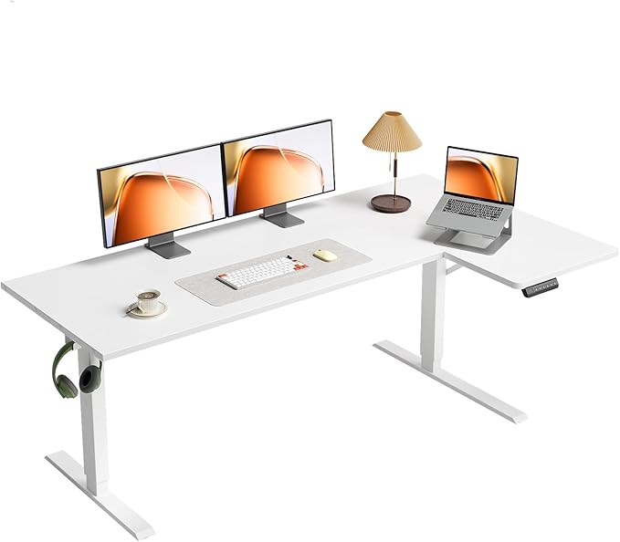OffiGo Electric L Shaped Standing Desk, 63 Inches Height Adjustable Table, Reversible Corner Stand Up Desk, Lifting Computer Table for Home Office, Computer Workstation, White