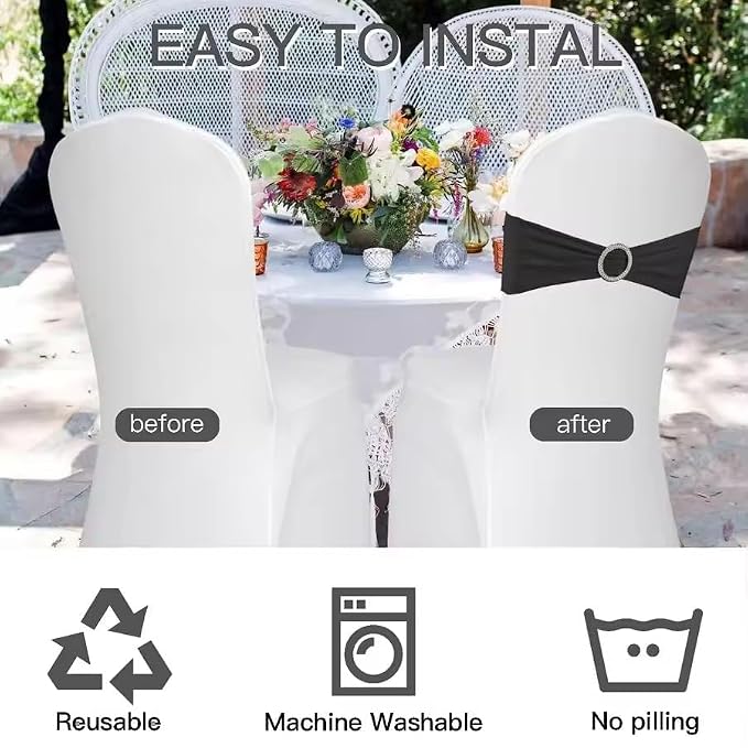 Tvoip 10PCS Chair Cover Stretch Band with Buckle Slider Sashes Bow Wedding Banquet Chair Decoration (Black)