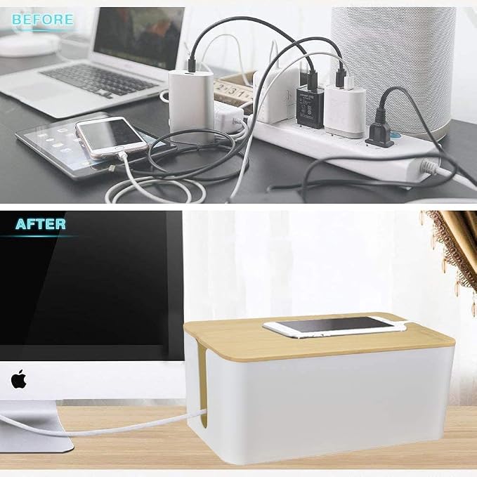 PowerKing Cable Management Boxes Organizer, Bamboo Lid, Large Storage Wires Keeper Holder for Desk, TV, Computer, USB Hub, System to Cover and Hide & Power Strips & Cords (Ice White)