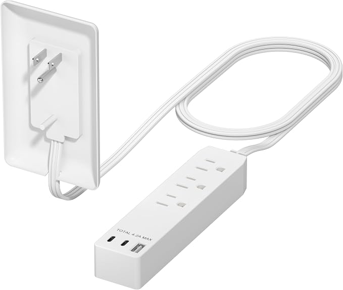 LIDER Outlet Extender with 3 Receptacles, 21W USB-A & 2 USB-C, Ultra-Thin Wall Plate Plug with Cord Extender, 3-Outlet Power Strip, Flat-Face, 3ft Cord, 1625W, ETL Listed, Matte White