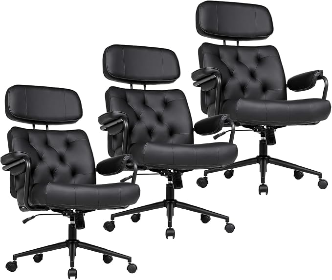 Mid Century Modern Home Office Desk Chair, Ergonomic Office Chair Big and Tall, High Back Executive Office Chair Leather Extra Wide, Computer Chair Comfy, Adjustable Height Rolling Chair, Black 3PC