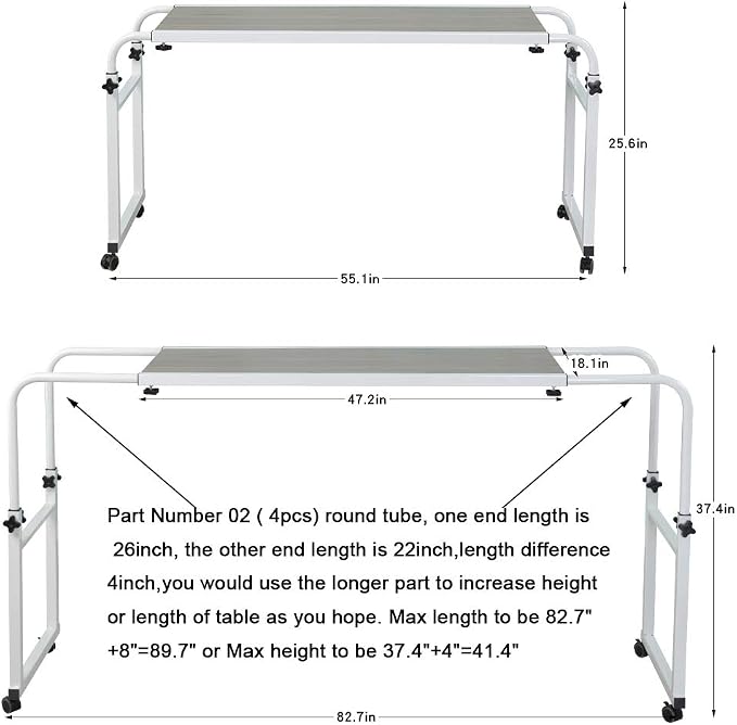 TigerDad Adjustable Overbed Table with Wheels, Mobile Laptop Desk on Wheels for King Queen Bed, Height Adjustable Rolling Computer Cart with Stand, Ancient Oak