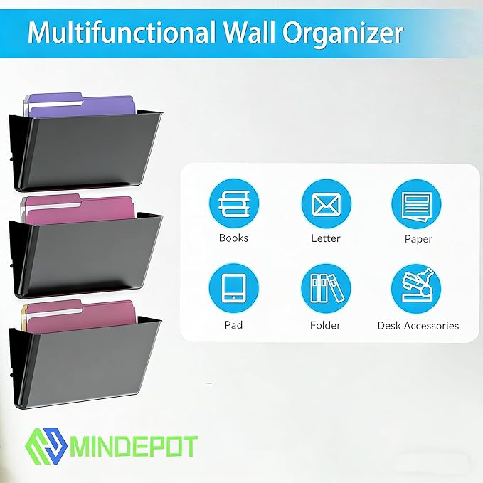 MINDEPOT 3 Pockets Acrylic Wall File Organizer, Wall File Holder Black