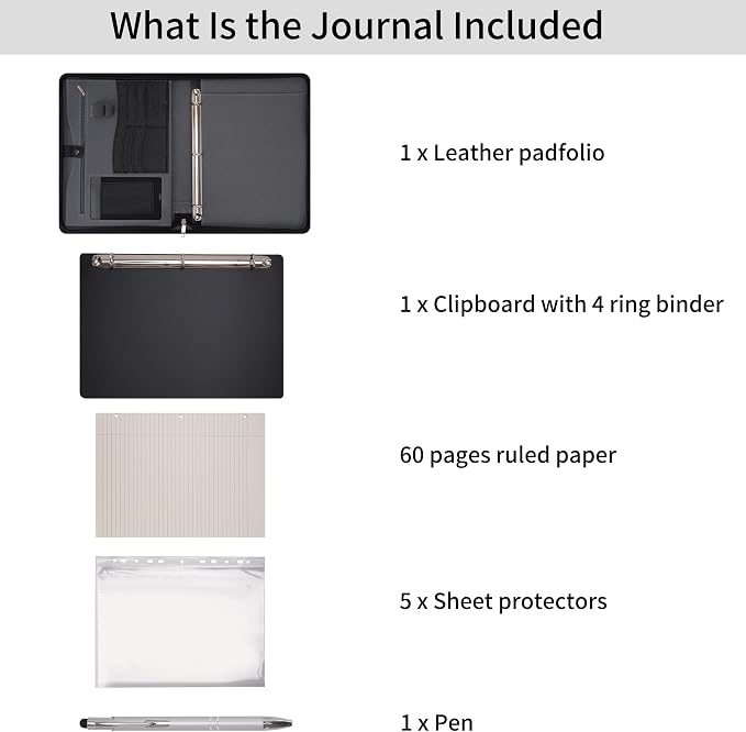 Wonderpool Travel Zippered Portfolio 3 Ring Binder A4 Padfolio Document Case with Removable Clipboard Legal Pad Holder, Business Office School Organizer for Men and Women (Black)