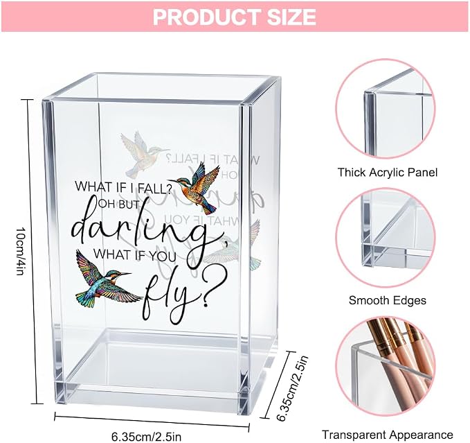 What If I Fall What If You Fly Acrylic Cosmetic Pencil Pen Holder Cup, Hummingbird Lover Gifts Desk Organizer Accessory for Office Decor, Inspirational Gifts for Women Girl Coworker Boss Friend