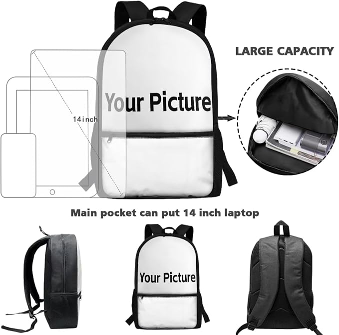 WELLFLYHOM Custom Picture Kids Girls Backpack Set 6-8 4Pcs Book Bag with Lunch Box Pencil Case Water Bottle Sleeve Personalized Elementary School Daypack Back to School Season Supplies