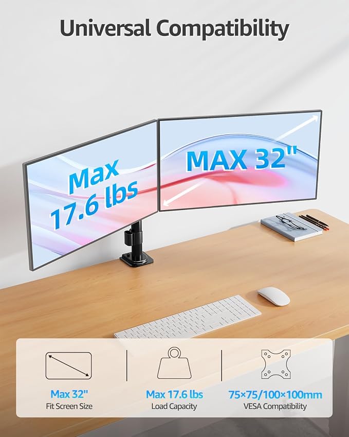 MOUNTUP Dual Monitor Desk Mount, Max 32 Inch up to 17.6lbs, Fully Adjustable Dual Monitor Arm for 2 LCD Screens, Double Monitor Stand with C-Clamp and Grommet Base
