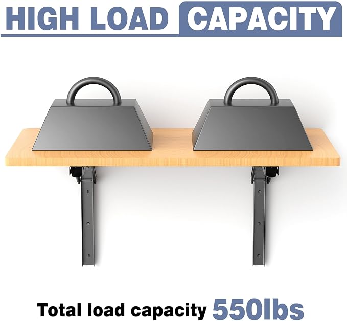 WALMANN Heavy Duty 18" Folding Shelf Brackets, Wall-Mounted Collapsible Brackets for Workbench/Table, 550 lbs Capacity, Space-Saving Hinges for Garage, Kitchen, Laundry(No Board)