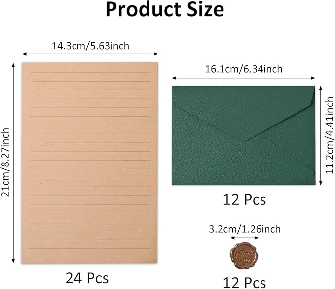 48 Pieces Stationery Set with Envelopes (24 Kraft Paper Sheets + 12 Linen Texture Envelopes+12 Wax Seal Stickers), Stationery Letter Writing Paper Set for Love Letters and Party Invitations(Green)