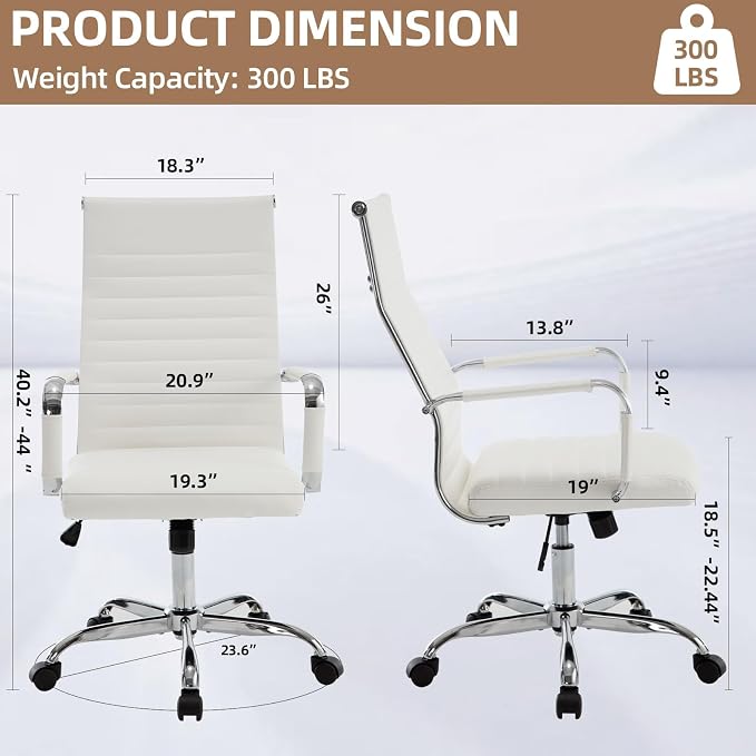 Office Chair, Ergonomic Executive Conference Room Chairs, Ribbed Leather Desk Chair with Lumbar Support, Adjustable Height Mid-Back Swivel Chair with Padded Seat