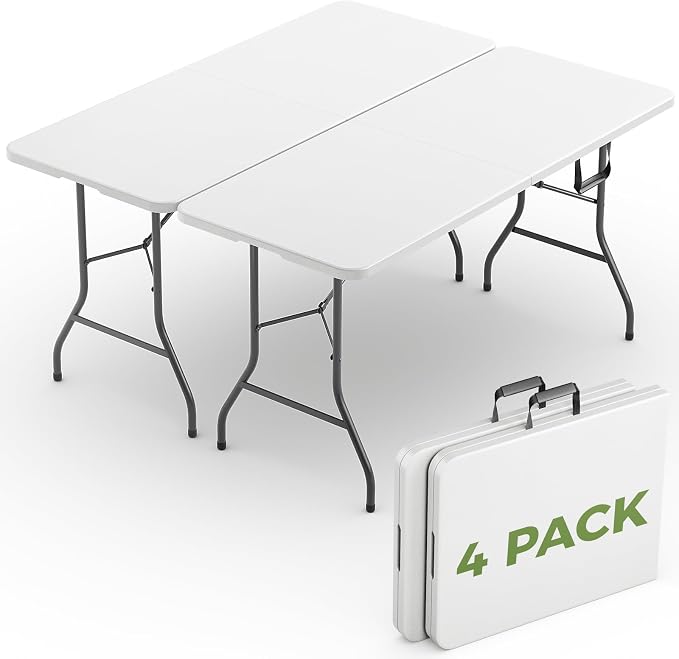 Folding Table 4 Pack, 6 FT Foldable Plastic Table with Carrying Handle, Heavy Duty Portable Fold-in-Half Utility Table for Party, Camping, Banquet, Craft, Wedding, Indoor & Outdoor Use