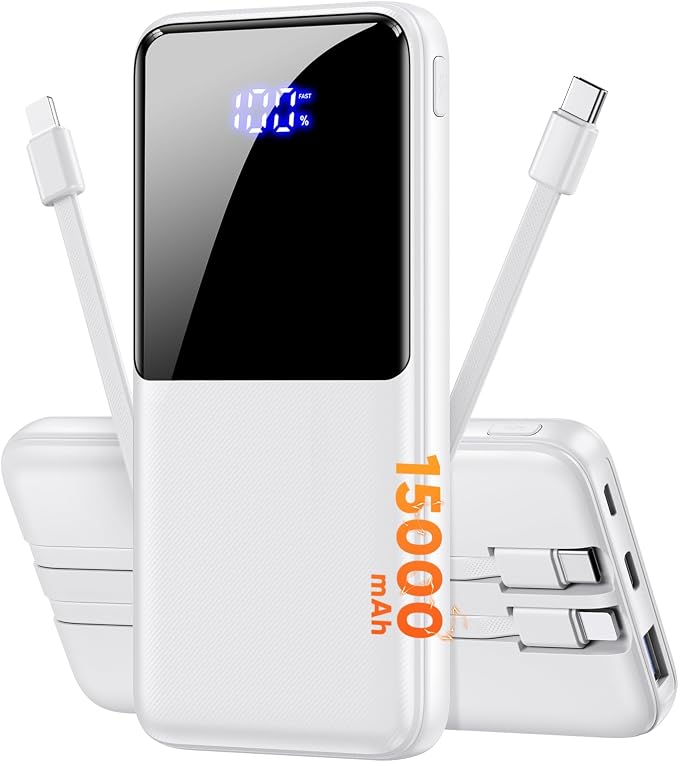 Portable Charger Power Bank, 50% Larger Capacity 15000mAh Battery Pack with Built in Cable, 22.5W Fast Charging Travel Camping Essential Powerbank for iPhone 17 16 Pro iPad Samsung S26 Google etc