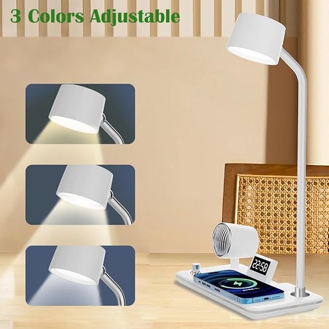IHAO Smart LED Desk Lamp with Wireless Charger & Bluetooth Speaker, 15W Fast Charging Station for Phone & Earbuds Touch Control 3 Light Modes Alarm Clock Adjustable Eye-CareTable Lamp-HYT1772 White