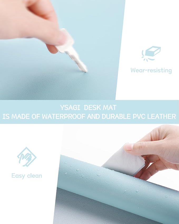 YSAGi Non-Slip Leather Desk Pad L Size, Waterproof Laptop Computer Desk Keyboard Mat, Table Protector Blotter Mat, Large Mouse Pad for Office/Work/Home/Decor(Sky Blue, 35.4" x 17")