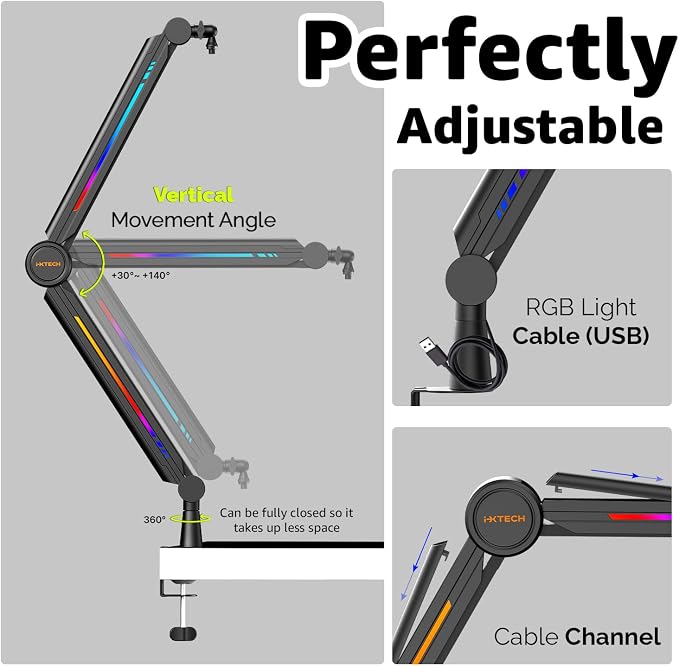 IXTECH RGB Mic Boom Arm High Profile, Overhead Boom Arm Microphone Stand Desk Mount, Adjustable Microphone Stand with Desk Mount, Mic Arm for Live Streaming Gaming Podcasting Recording.