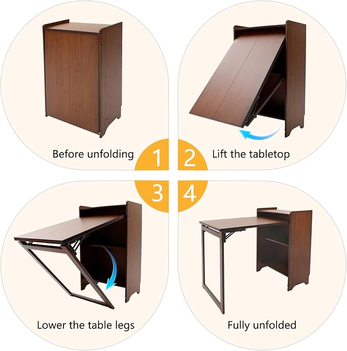 Bamboo Folding Desk with Storage, Space-Saving Foldable Computer Desk for Small Spaces, Vintage Fold Out Hideaway Small Desks Writing Study Table for Bedroom Home Office