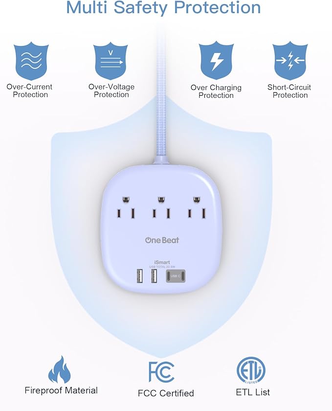 Flat Plug Power Strip, 6ft Purple Flat Extension Cord -3 Outlets 4 USB Ports (2 USBC) 22.5W/4.5A Desktop Charging Station, Power Strip No Surge Protection for Cruise Ship Dorm Room Travel Essentials