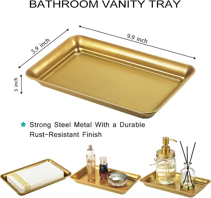 SheeChung Metal Vanity Tray, Bathroom Counter Storage Tray, Gold 4 Pack | Sturdy Decorative Tray Holder, Farmhouse Vintage Decor Accessories for Perfume, Cosmetics, Jewelry, Makeup, Guest Hand Towel