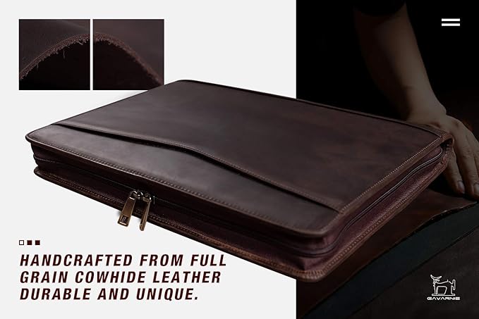 Genuine Leather Business Portfolio Padfolio Folder with Zipper for Men, Men's Leather Padfolio Folder for 13" Laptop, Business Portfolio for Letter Size Notepad, Graduation Gift，Dark Brown