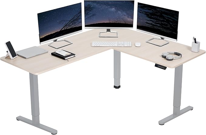 VIVO Corner Standing Desk, 63 x 55 inch Reversible L-Shaped Workstation, Electric Height Adjustment, Home, Office, and Reception Rooms, Light Wood Table Top Gray Frame, DESK-E3CTGC