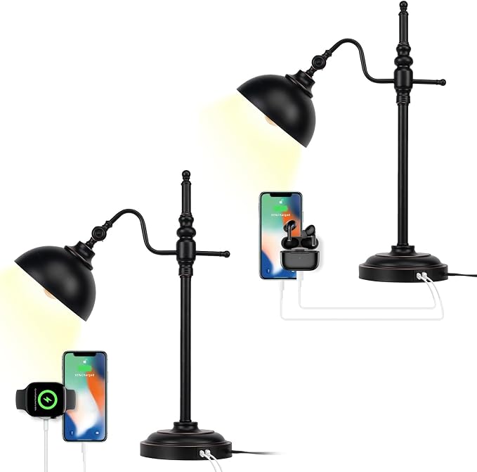 2 Pack Industrial Desk Lamp with 2 USB Charging Port,Black Metal Table Lamp,Adjustable Head Lamp with USB Port for Office Living Room Dorm Farmhouse Reading